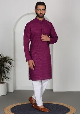 Maroon Chikan Embroided Cotton Kurta For Men