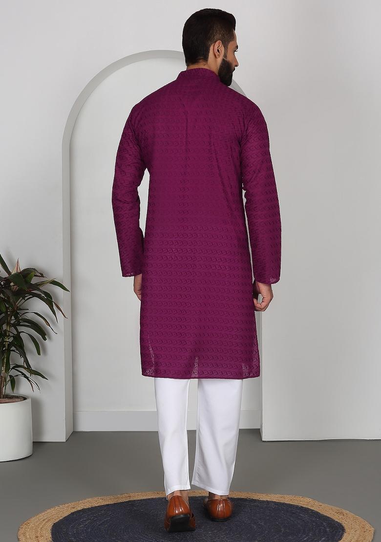 Maroon Chikan Embroided Cotton Kurta For Men