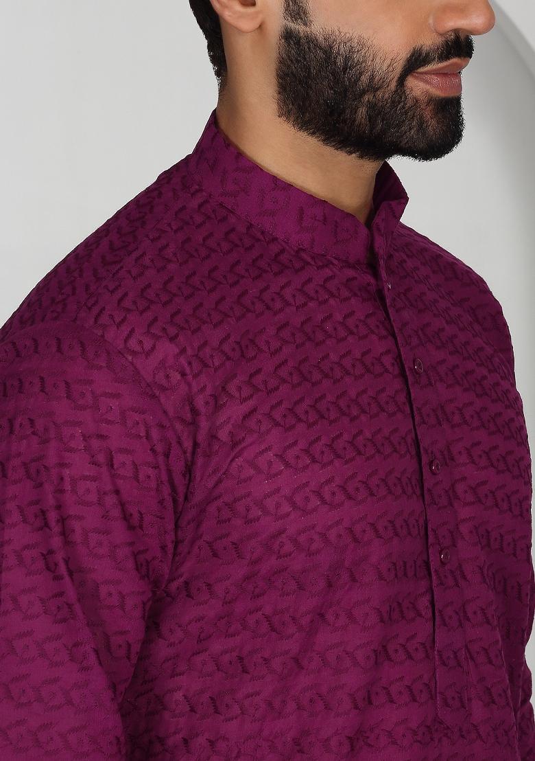 Maroon Chikan Embroided Cotton Kurta For Men