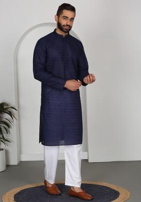 Navy Blue Chikan Embroided Cotton Kurta For Men