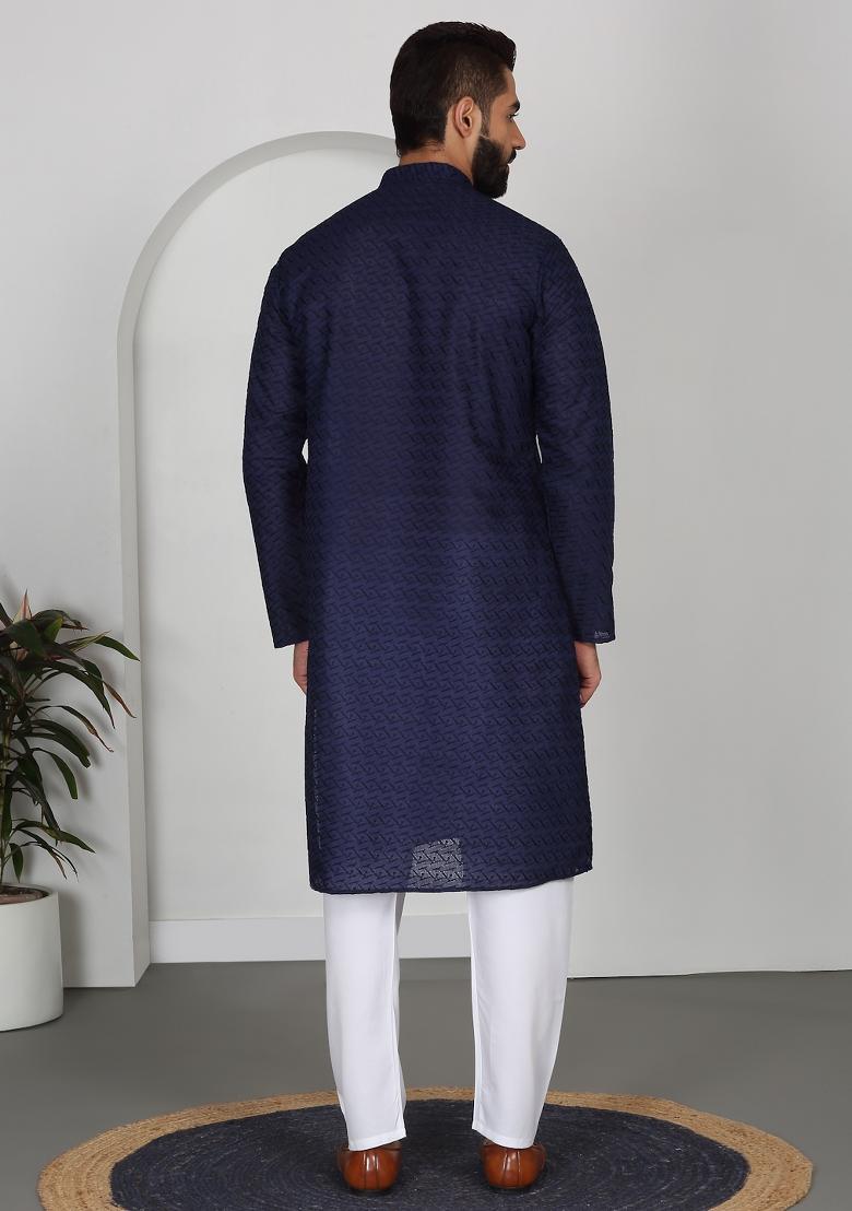 Navy Blue Chikan Embroided Cotton Kurta For Men