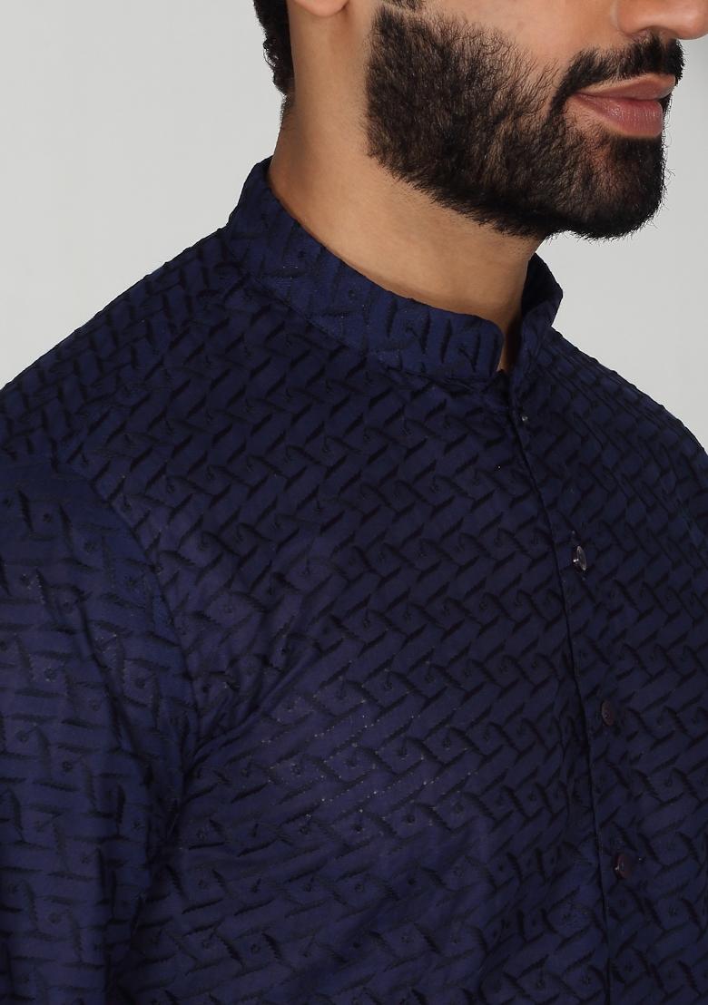 Navy Blue Chikan Embroided Cotton Kurta For Men