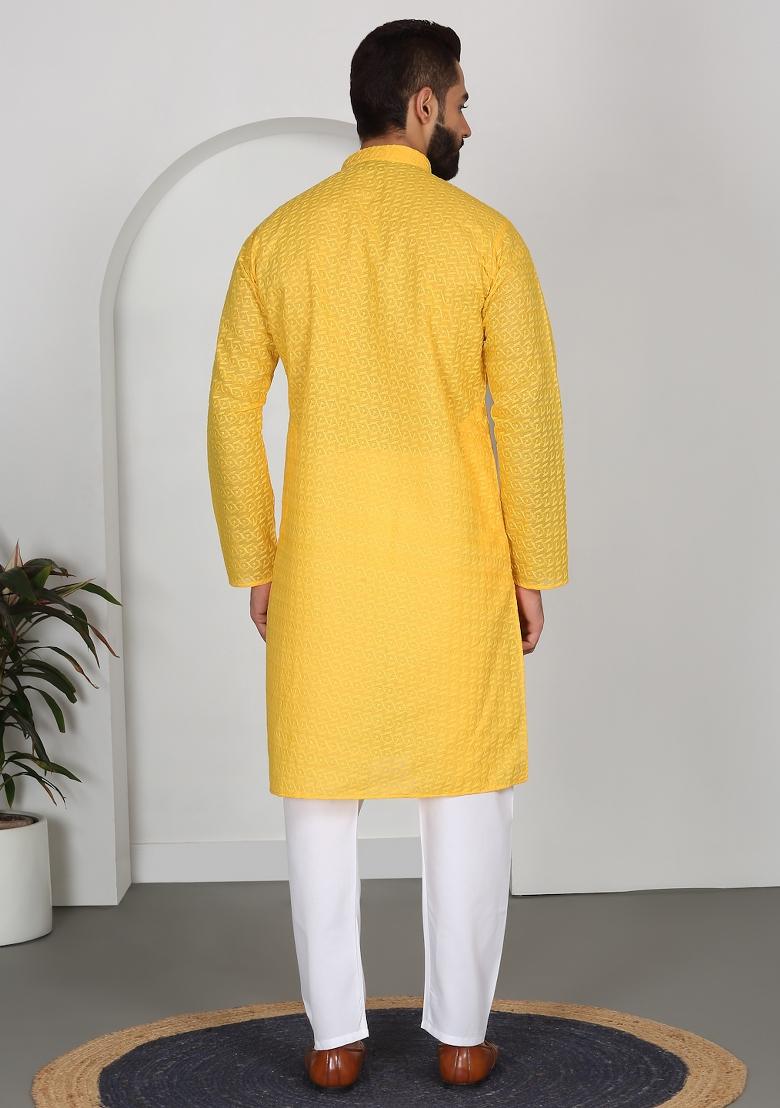 Yellow Chikan Embroided Cotton Kurta For Men