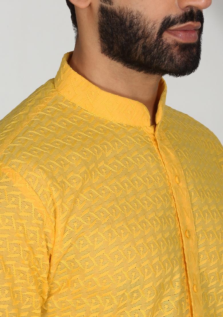 Yellow Chikan Embroided Cotton Kurta For Men