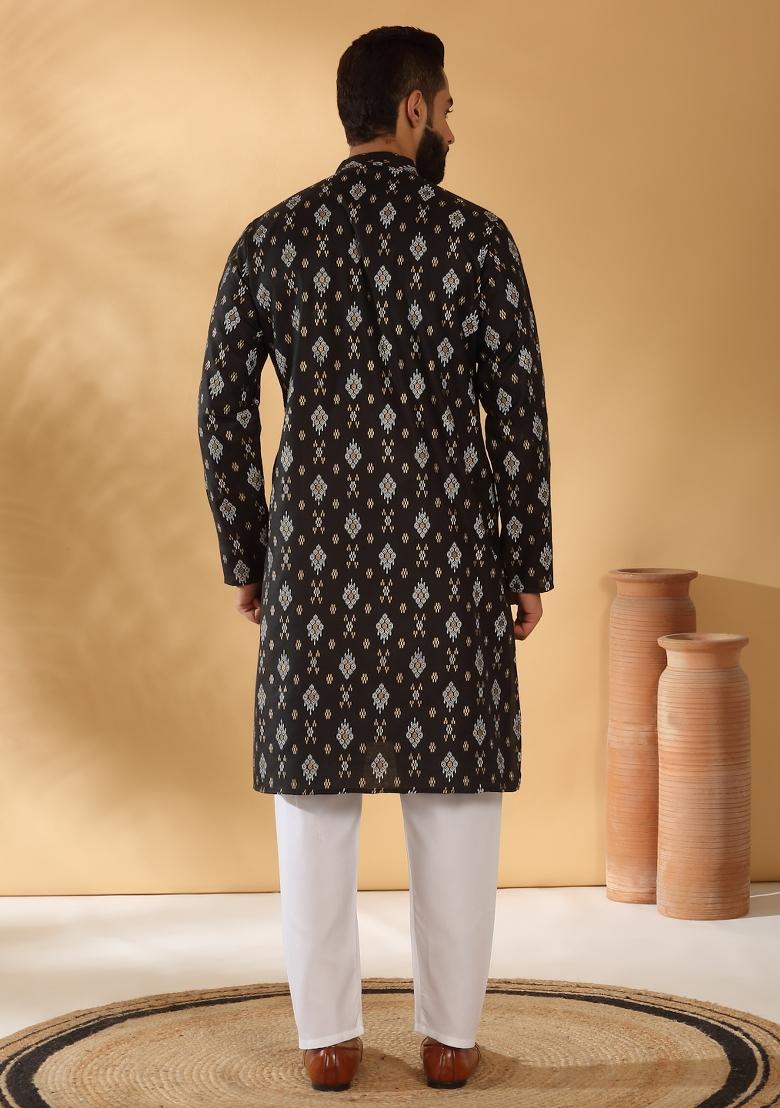 Black Geometric Cotton Blend Kurta For Men