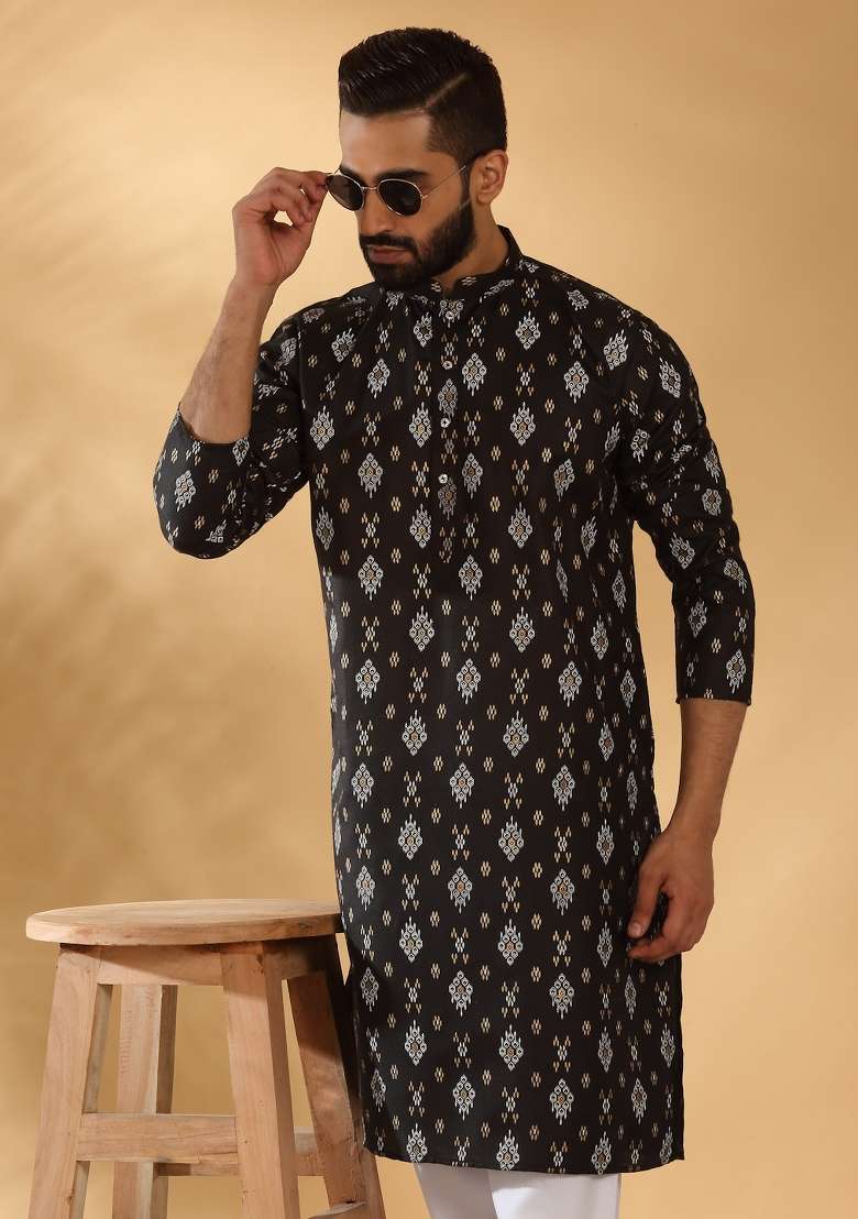 Black Geometric Cotton Blend Kurta For Men - Indya