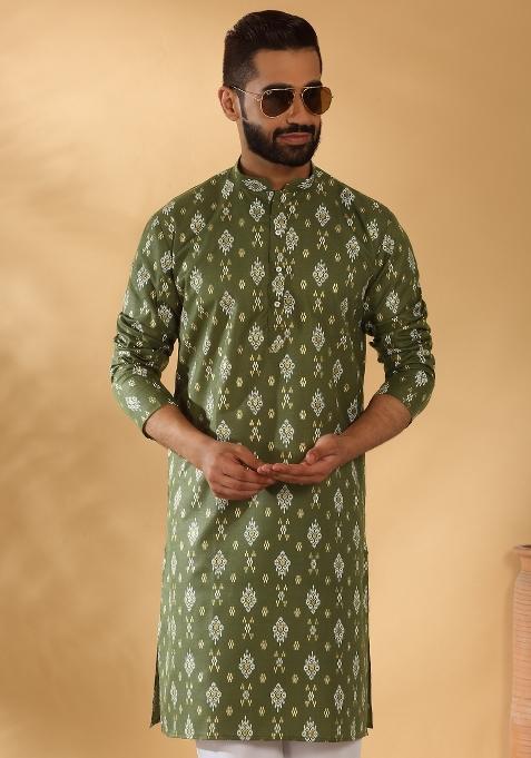 Green Geometric Cotton Blend Kurta For Men
