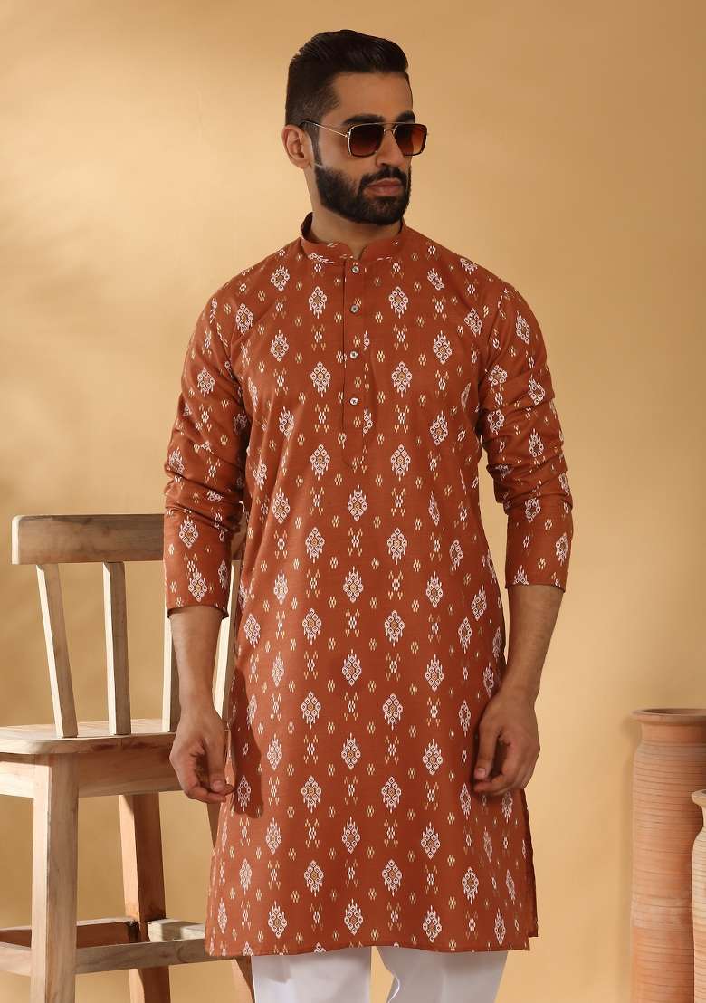 Rust Brown Geometric Cotton Blend Kurta For Men - Indya