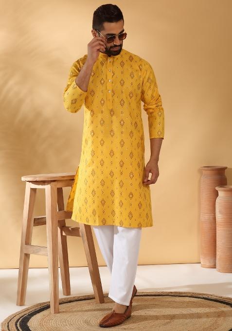 Yellow Geometric Cotton Blend Kurta For Men — view on Indya