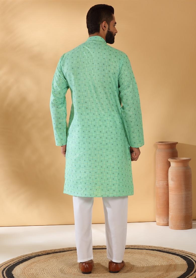 Green Geometric Cotton Blend Kurta For Men