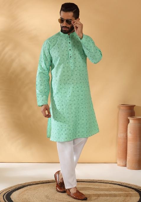 Green Geometric Cotton Blend Kurta For Men
