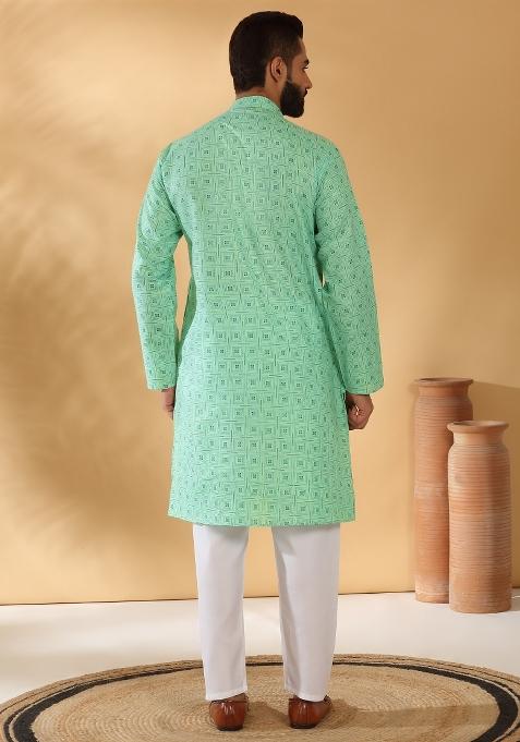 Green Geometric Cotton Blend Kurta For Men