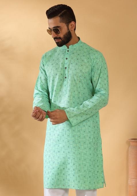 Green Geometric Cotton Blend Kurta For Men