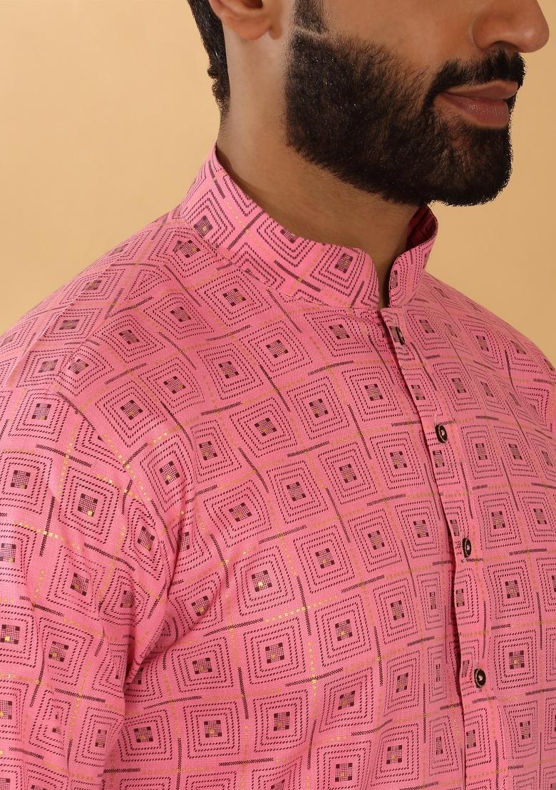 Pink Geometric Cotton Blend Kurta For Men