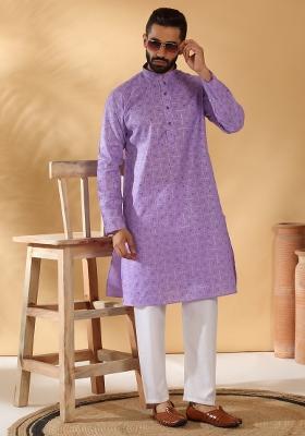 Purple Geometric Cotton Blend Kurta For Men