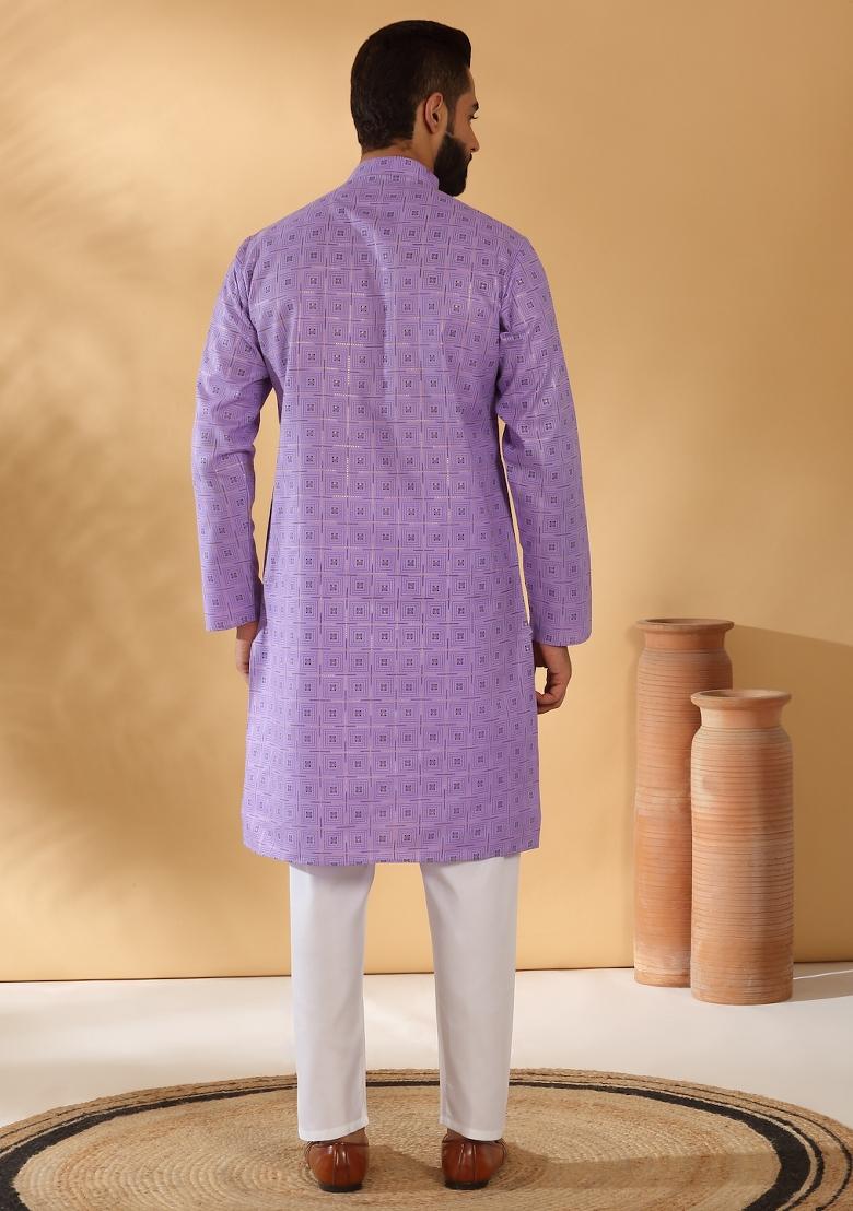 Purple Geometric Cotton Blend Kurta For Men