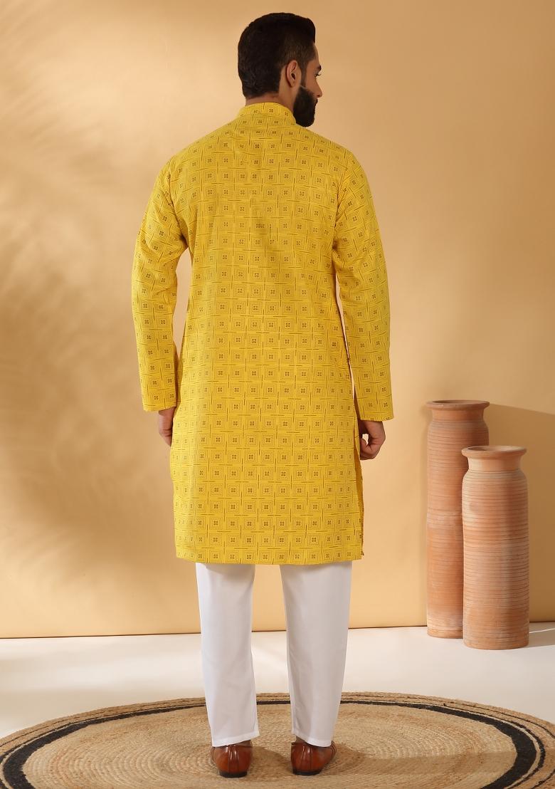 Yellow Geometric Cotton Blend Kurta For Men