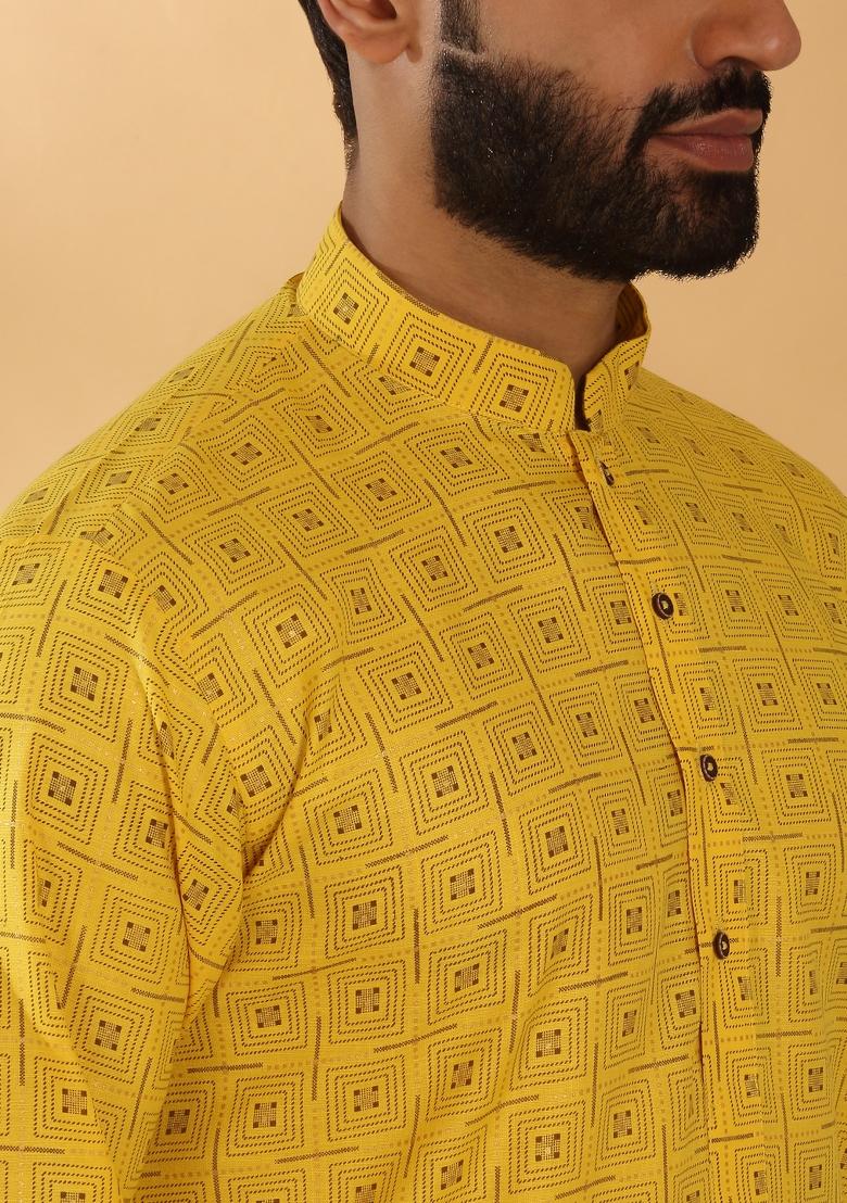 Yellow Geometric Cotton Blend Kurta For Men