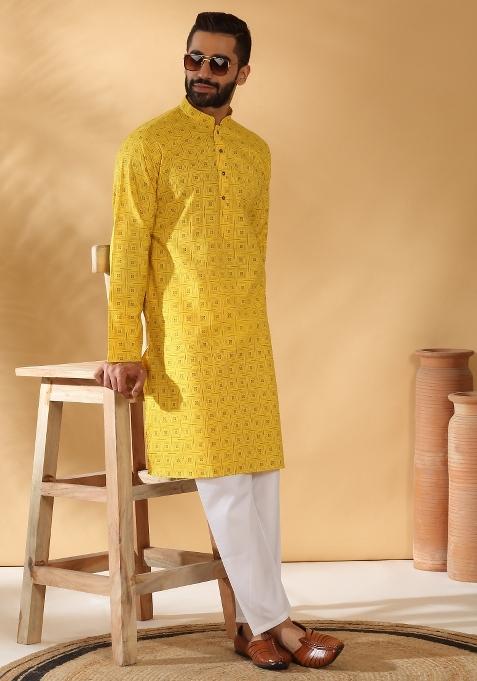 Yellow Geometric Cotton Blend Kurta For Men