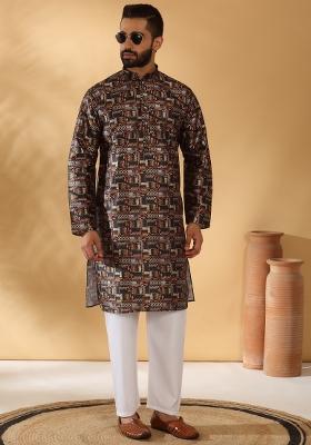 Black Abstract Silk Blend Kurta For Men