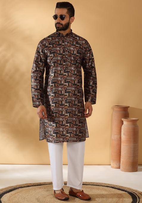 Black Abstract Silk Blend Kurta For Men — view on Indya