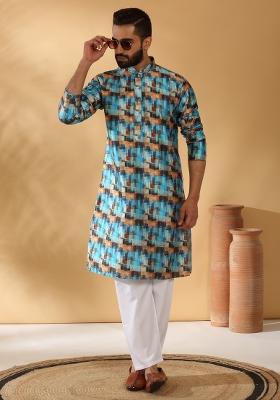 Blue Abstract Silk Blend Kurta For Men