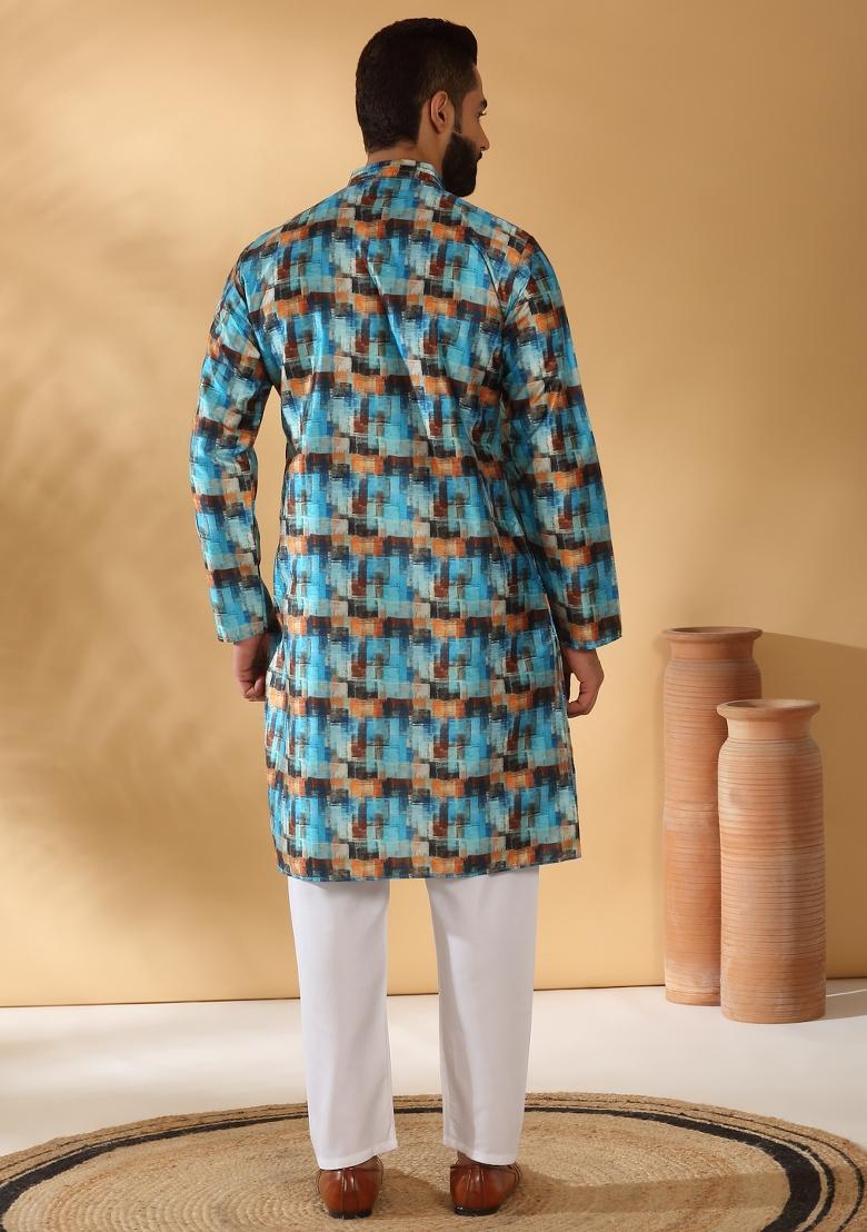 Blue Abstract Silk Blend Kurta For Men