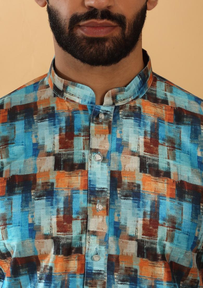 Blue Abstract Silk Blend Kurta For Men