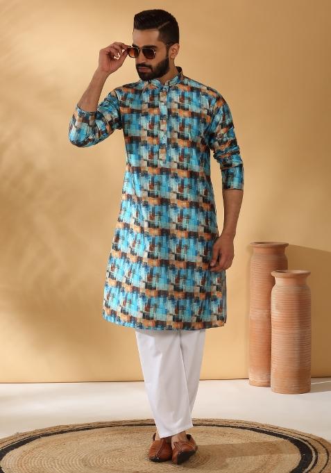 Blue Abstract Silk Blend Kurta For Men