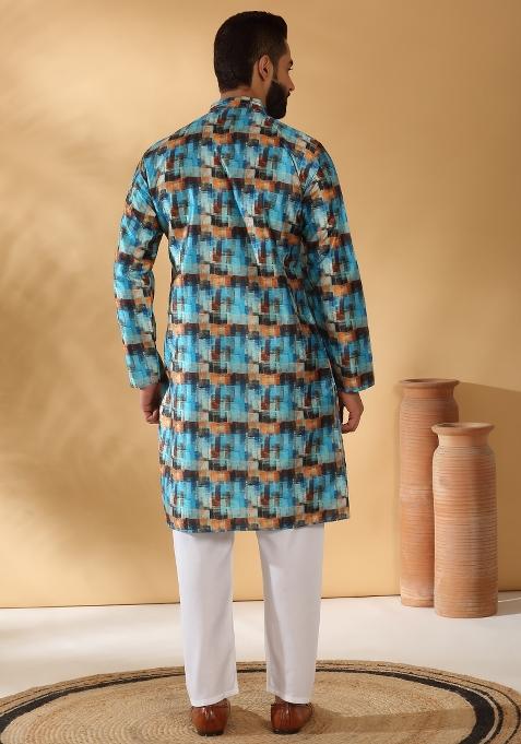 Blue Abstract Silk Blend Kurta For Men