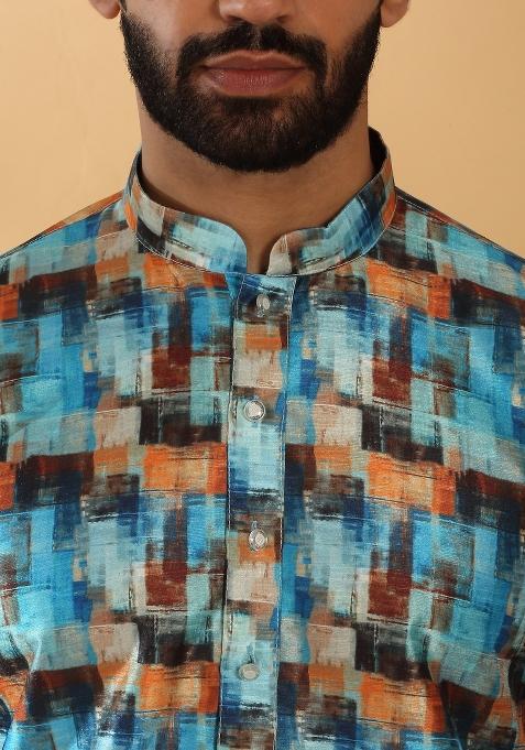 Blue Abstract Silk Blend Kurta For Men