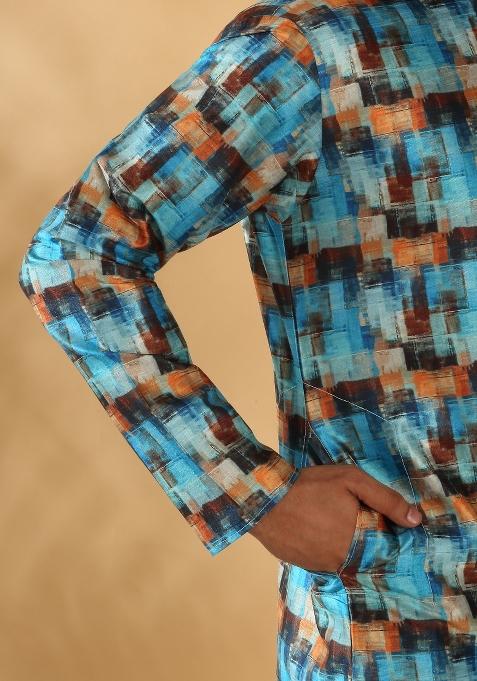 Blue Abstract Silk Blend Kurta For Men