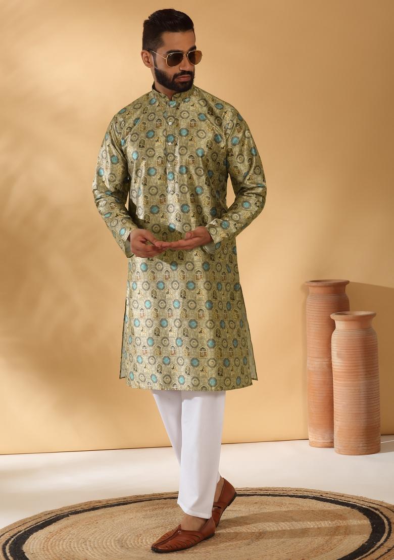 Beige Abstract Silk Blend Kurta For Men