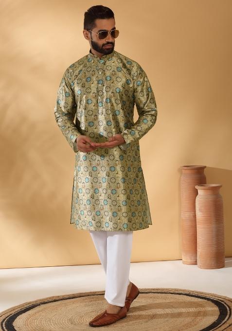 Beige Abstract Silk Blend Kurta For Men