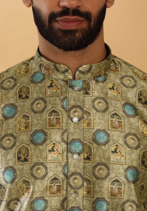 Beige Abstract Silk Blend Kurta For Men