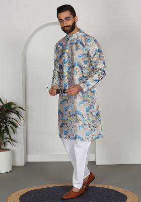 Blue Floral Silk Blend Kurta For Men