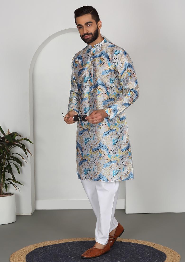 Blue Floral Silk Blend Kurta For Men