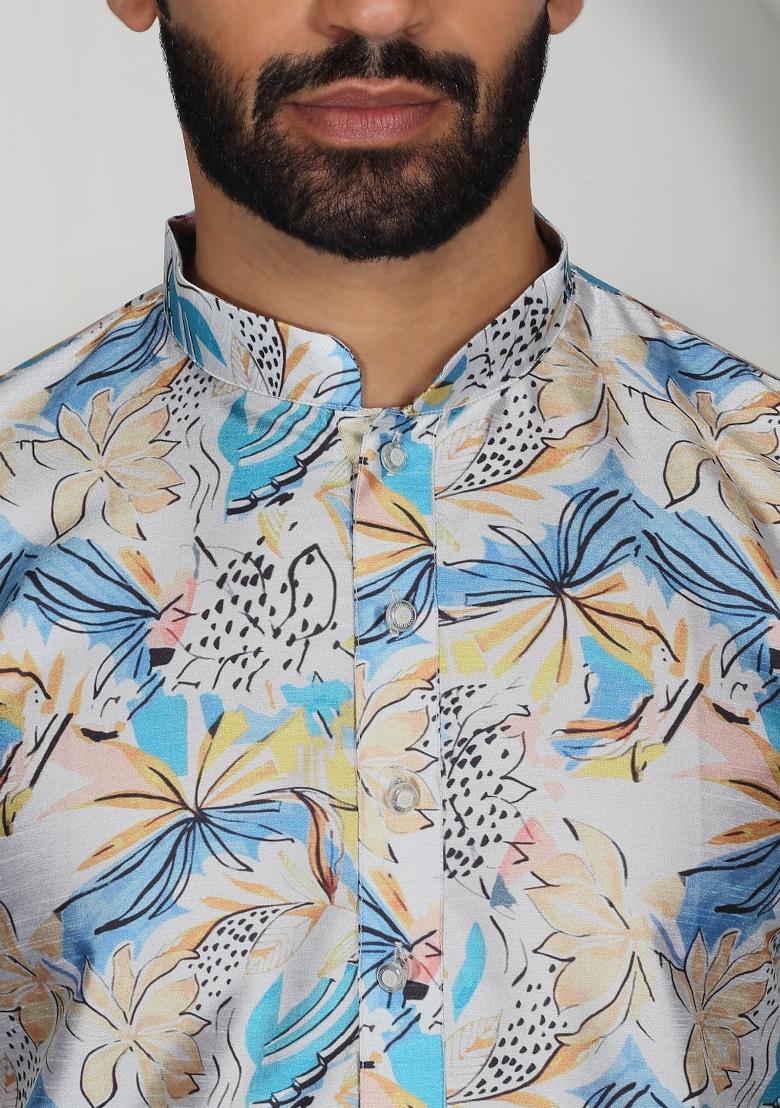 Blue Floral Silk Blend Kurta For Men