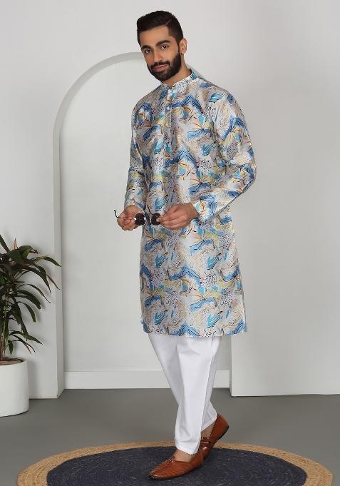 Blue Floral Silk Blend Kurta For Men