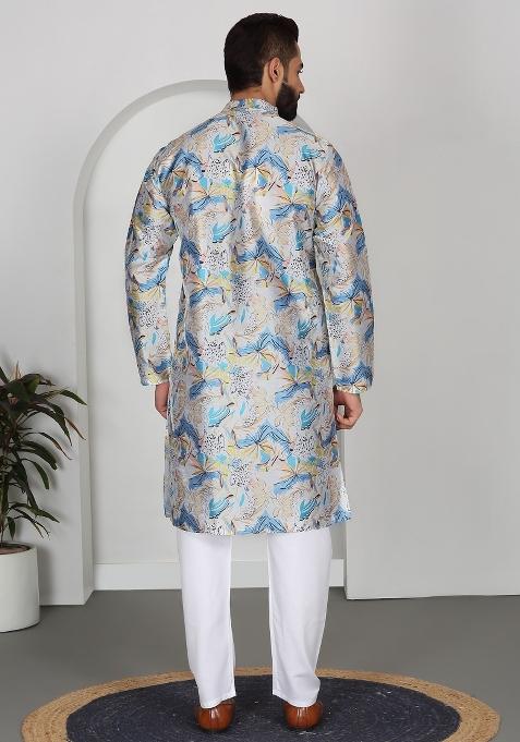 Blue Floral Silk Blend Kurta For Men