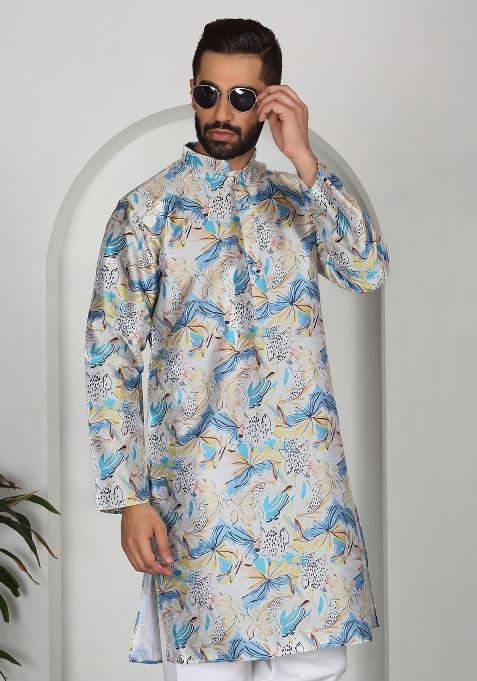 Blue Floral Silk Blend Kurta For Men