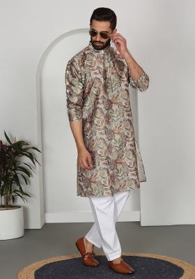 Beige Floral Silk Blend Kurta For Men