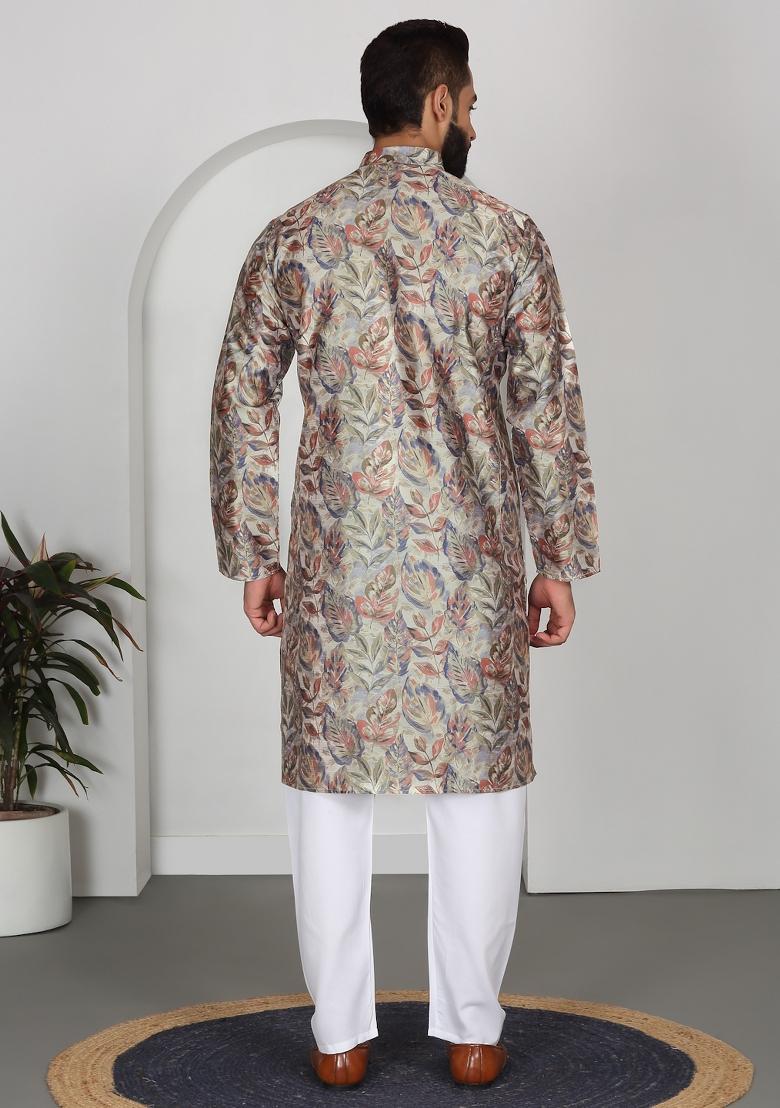 Beige Floral Silk Blend Kurta For Men