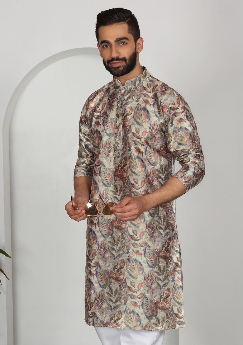 Beige Floral Silk Blend Kurta For Men