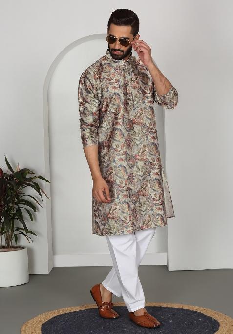 Beige Floral Silk Blend Kurta For Men