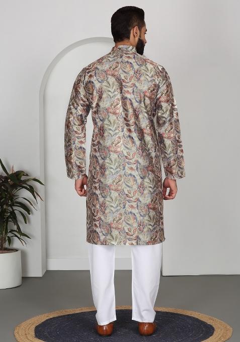 Beige Floral Silk Blend Kurta For Men