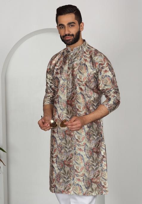 Beige Floral Silk Blend Kurta For Men