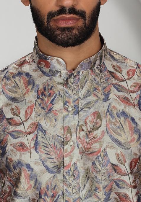 Beige Floral Silk Blend Kurta For Men