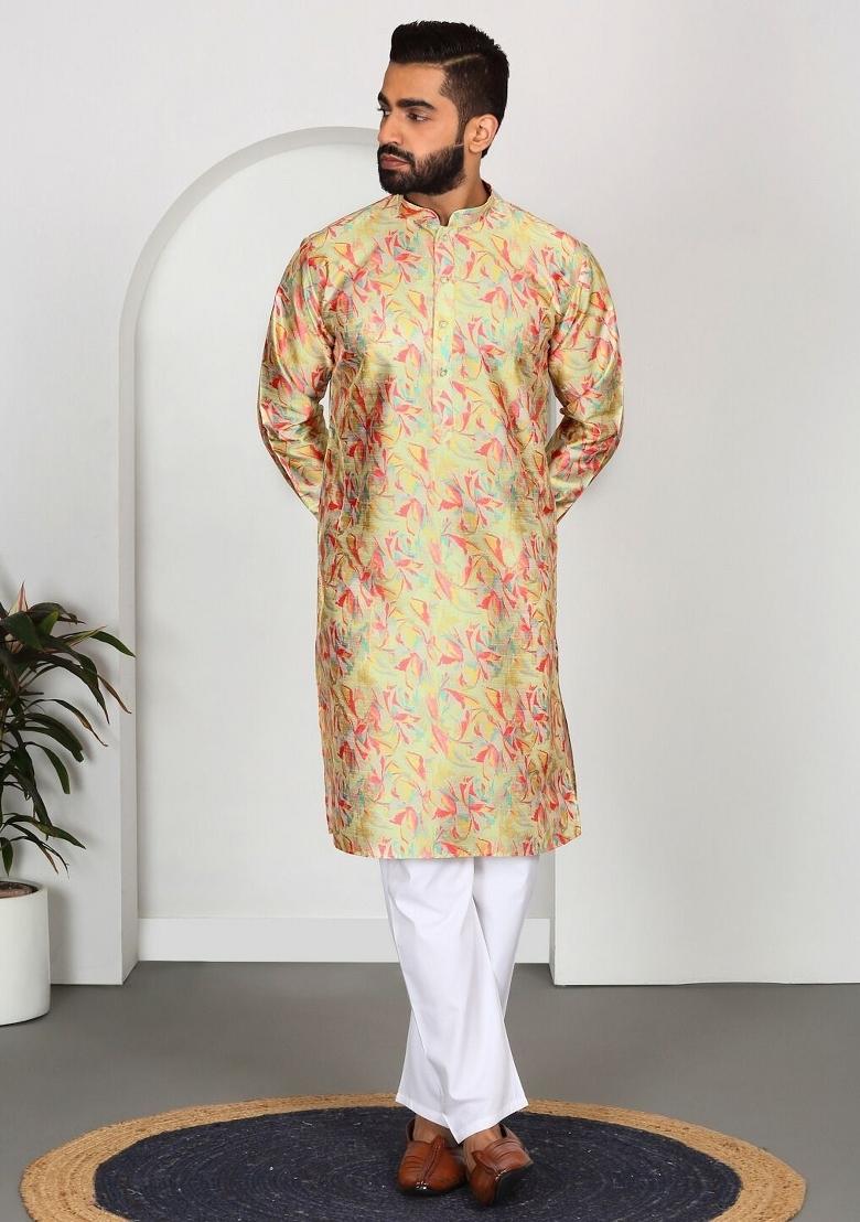 Lime Yellow Floral Silk Blend Kurta For Men