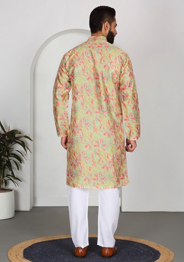 Lime Yellow Floral Silk Blend Kurta For Men